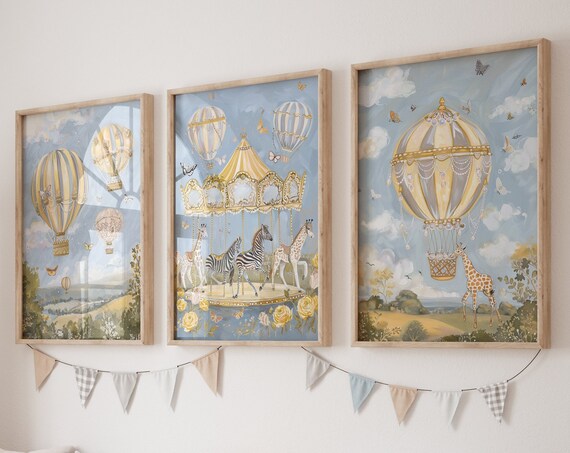 Whimsical Carousel and Balloon Nursery Set 3 Piece Kids Room Wall Art