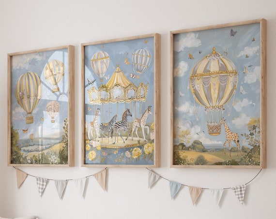 Whimsical Nursery Wall Art Set Carousel And Hot Air Balloon Triptych Safari Animal Themed Decor For Baby Room Vintage