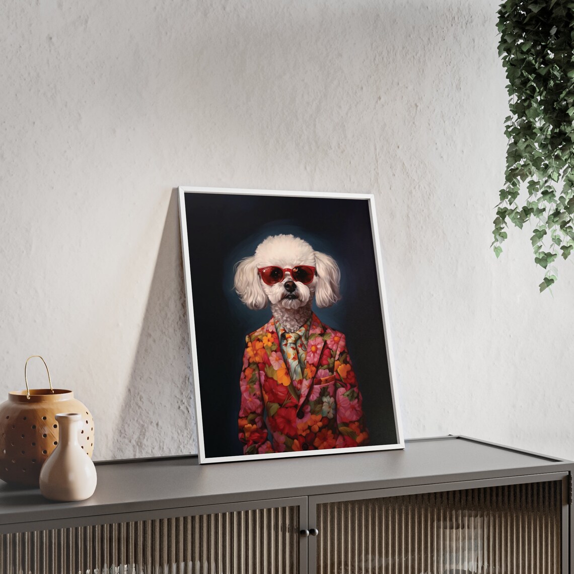 White Bichon Frise Dog in a Floral Suit Quirky Portrait Poster - Image 2
