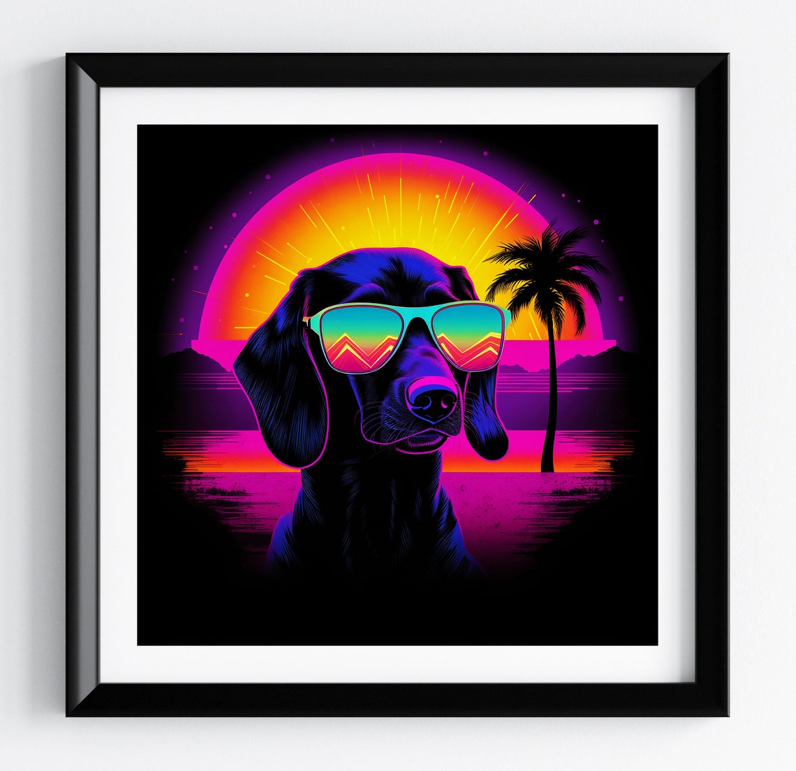 Dachshund Retro 80s Neon Synthwave Sunset Pet Portrait Poster