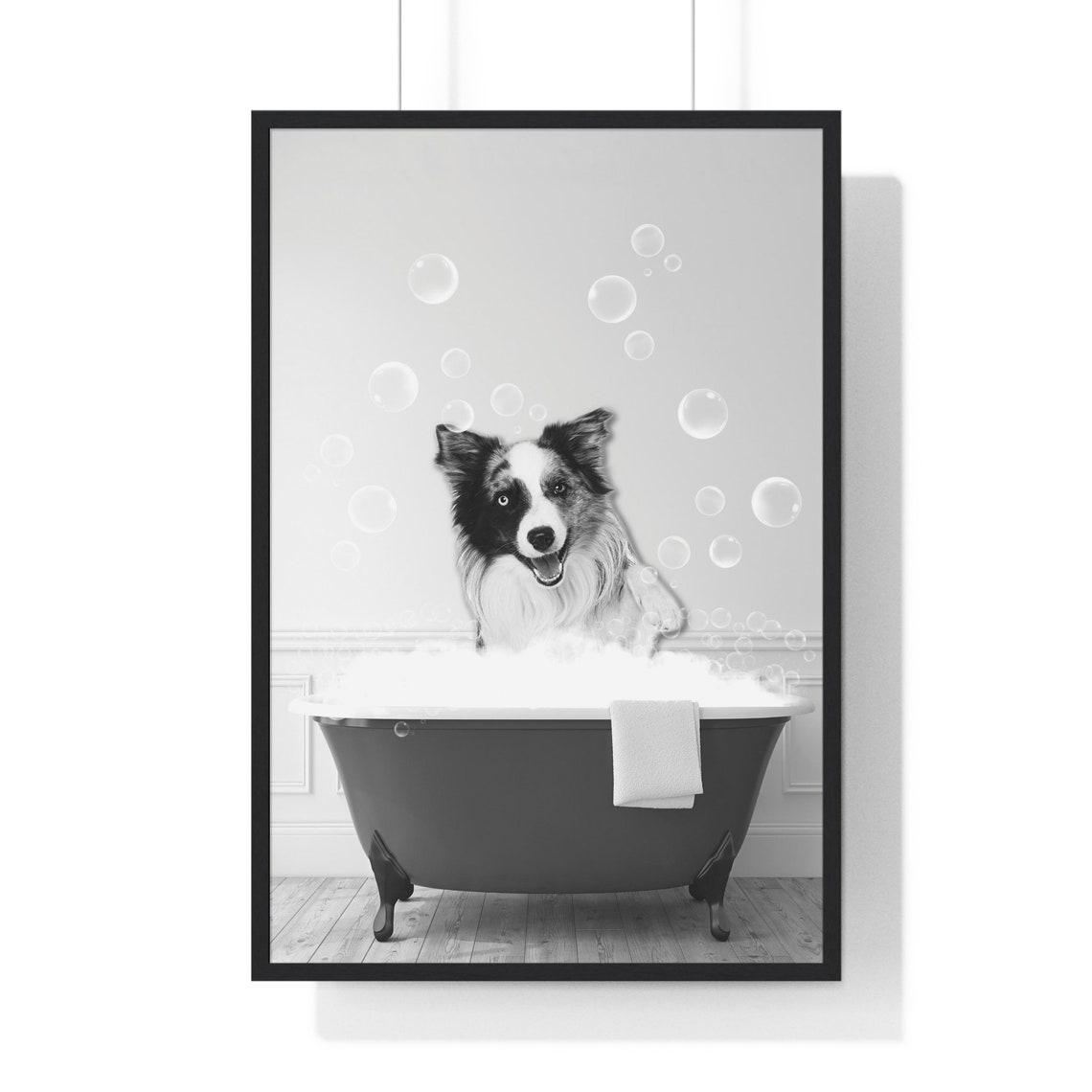 Border Collie In Bubble Bath Clawfoot Tub Funny Bathroom Poster