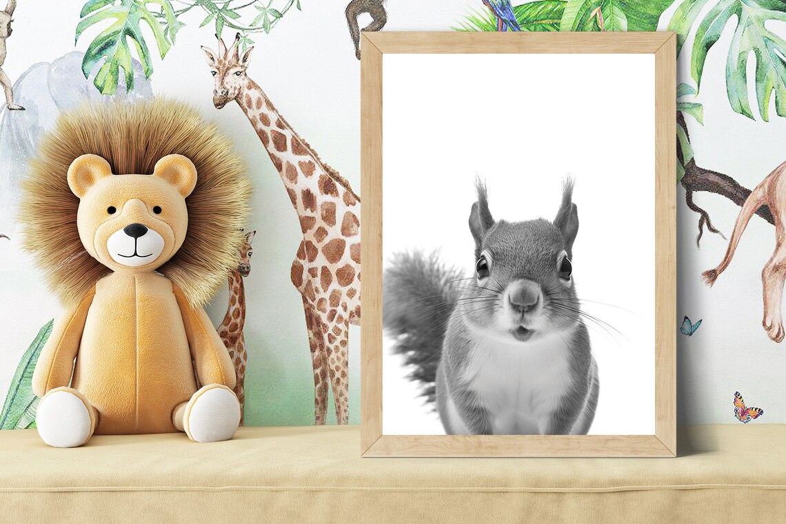 Baby Red Squirrel Portrait in Black and White Nursery Poster