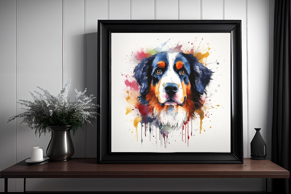 Bernese Mountain Dog Watercolor Splatter Portrait Dog Poster