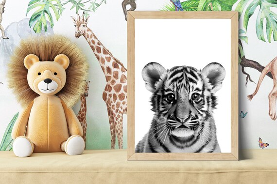 Baby Tiger Cub Portrait in Black and White Nursery Style Poster