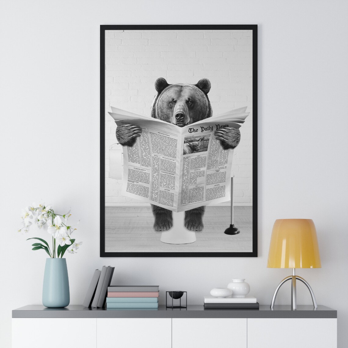 Brown Bear Reading Newspaper on Toilet Funny Bathroom Poster - Image 2
