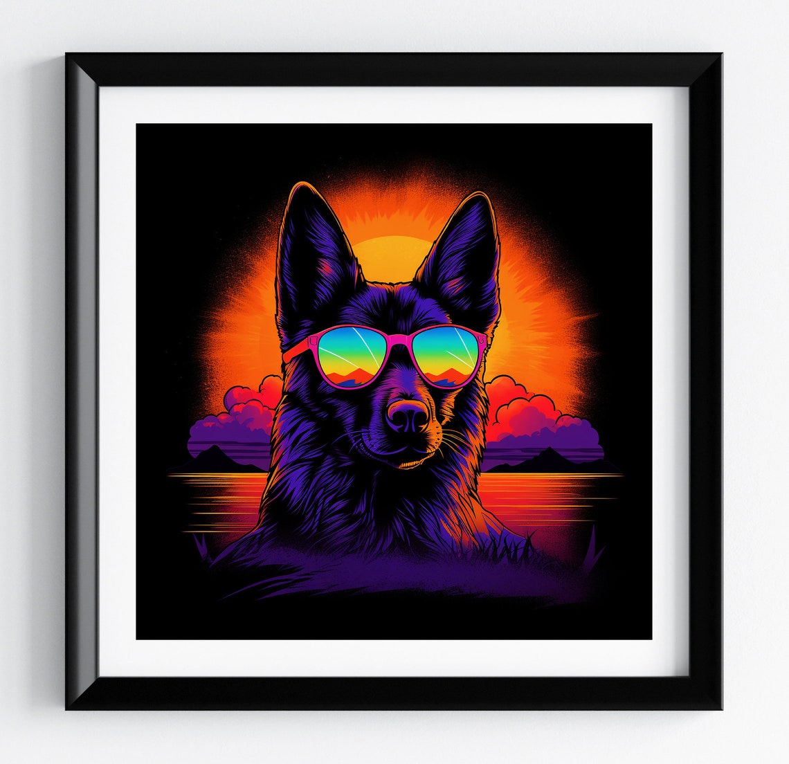 German Shepherd Glowing Sun Purple Sky Retro Dog Portrait Poster
