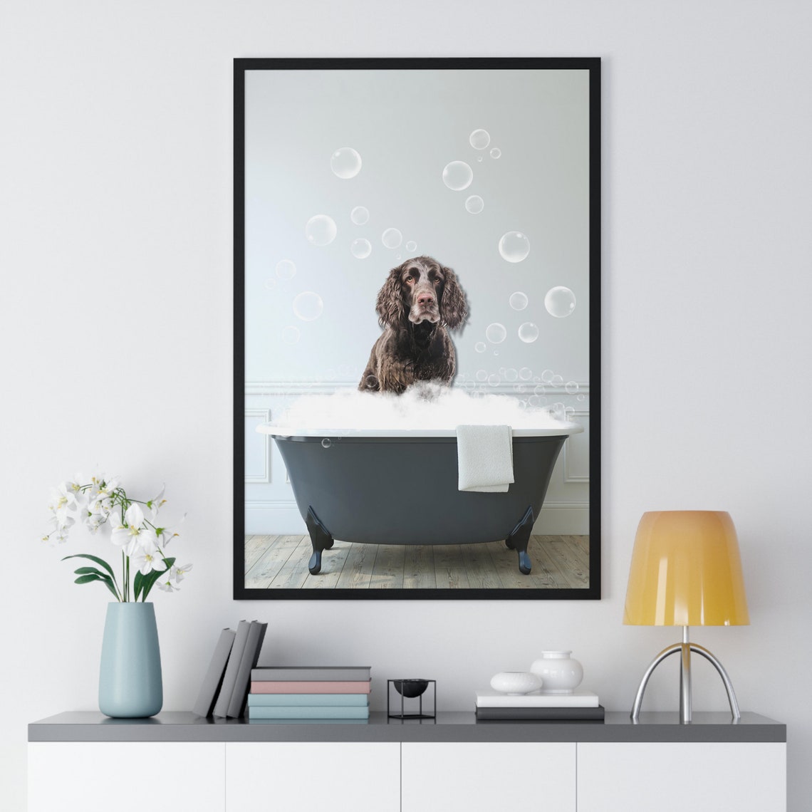 Handsome Water Spaniel in Bubble Bath Funny Dog Bathroom Art Poster - Image 2