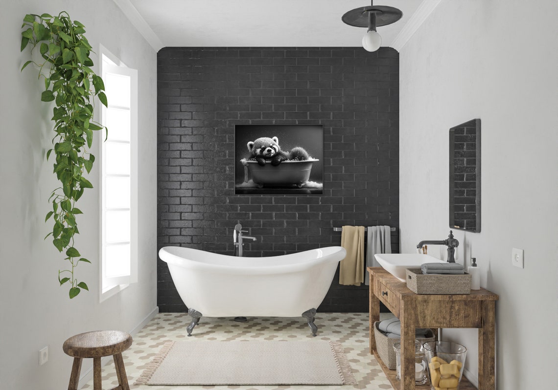 Sleepy Red Panda Cub in Vintage Bathtub Black and White Poster - Image 2