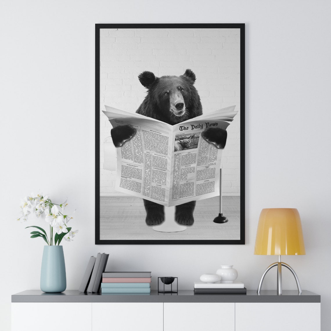 Black Bear On Toilet With Newspaper Funny Bathroom Scene Wall Art - Image 2