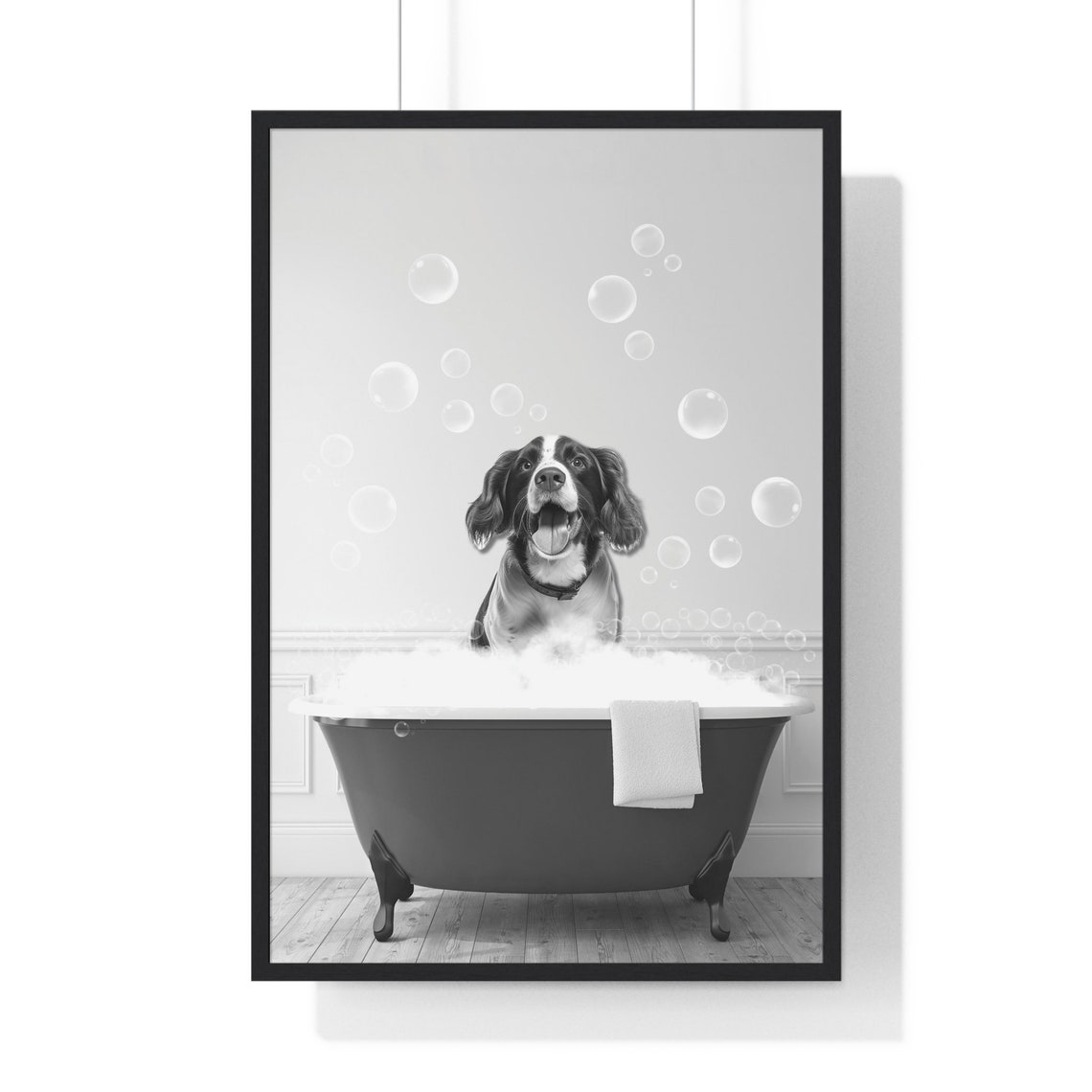 Springer Spaniel Grinning In A Bubble Bath Clawfoot Tub Poster