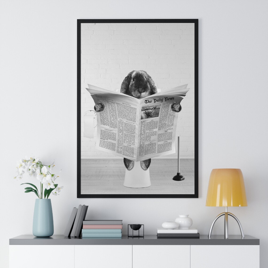 Funny Lop Eared Bunny Reading The Daily News On The Toilet Poster - Image 2