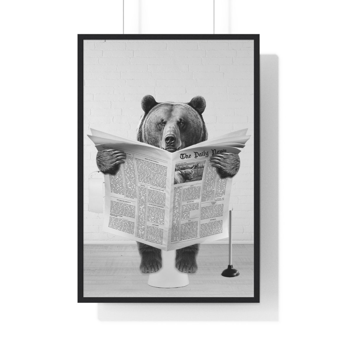 Brown Bear Reading Newspaper on Toilet Funny Bathroom Poster