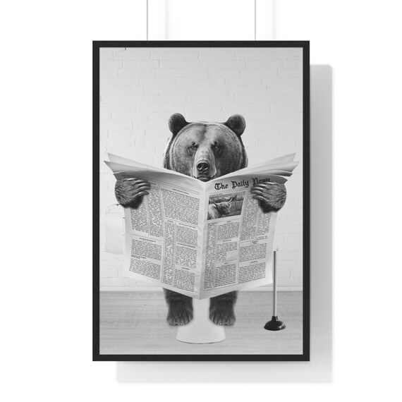 Brown Bear Reading Newspaper on Toilet Funny Bathroom Poster