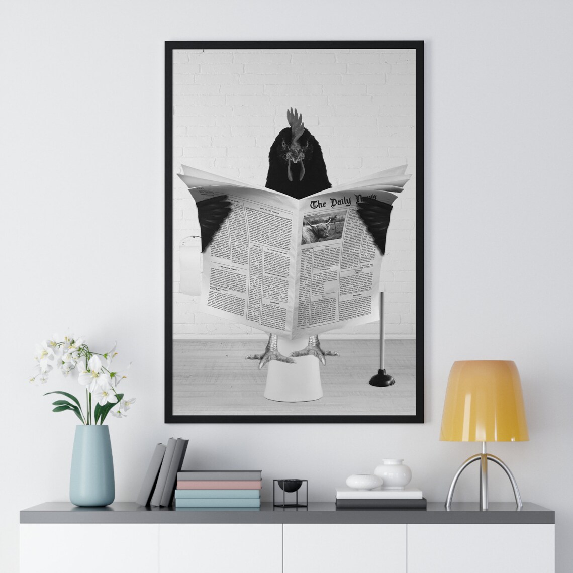 Chicken Reading Newspaper on Toilet Funny Black and White Poster - Image 2
