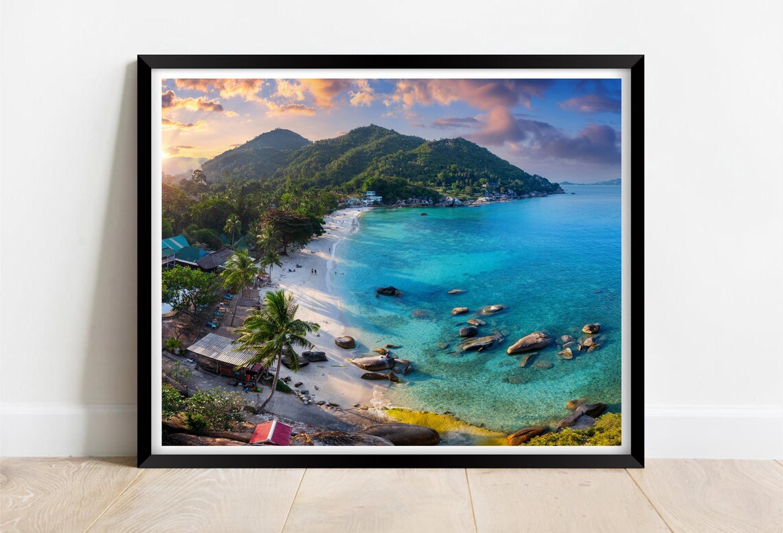 Tropical Island Cove Sunset Palms Turquoise Water Boulders Poster