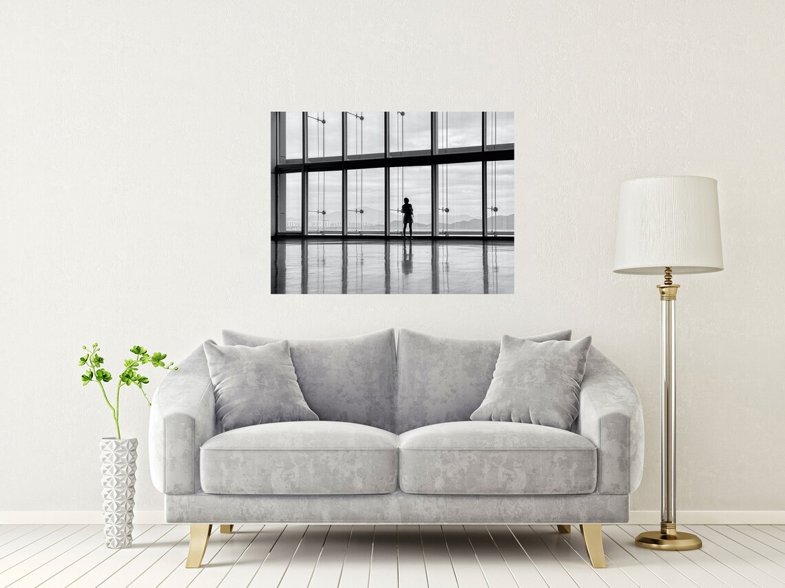 Woman Silhouette At Airport Terminal Window Black White Photo Poster - Image 2