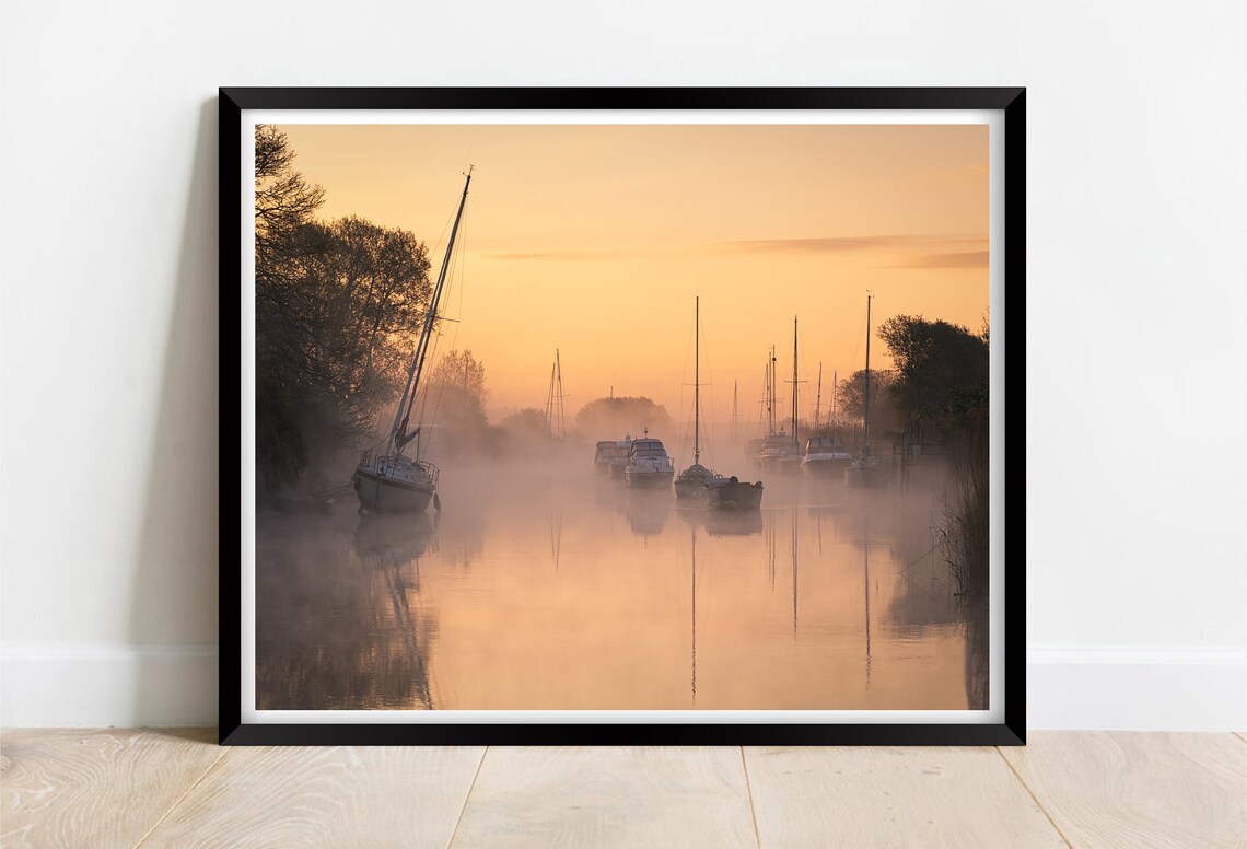 River Frome Wareham Dorset Sunrise Misty Boats Landscape Print
