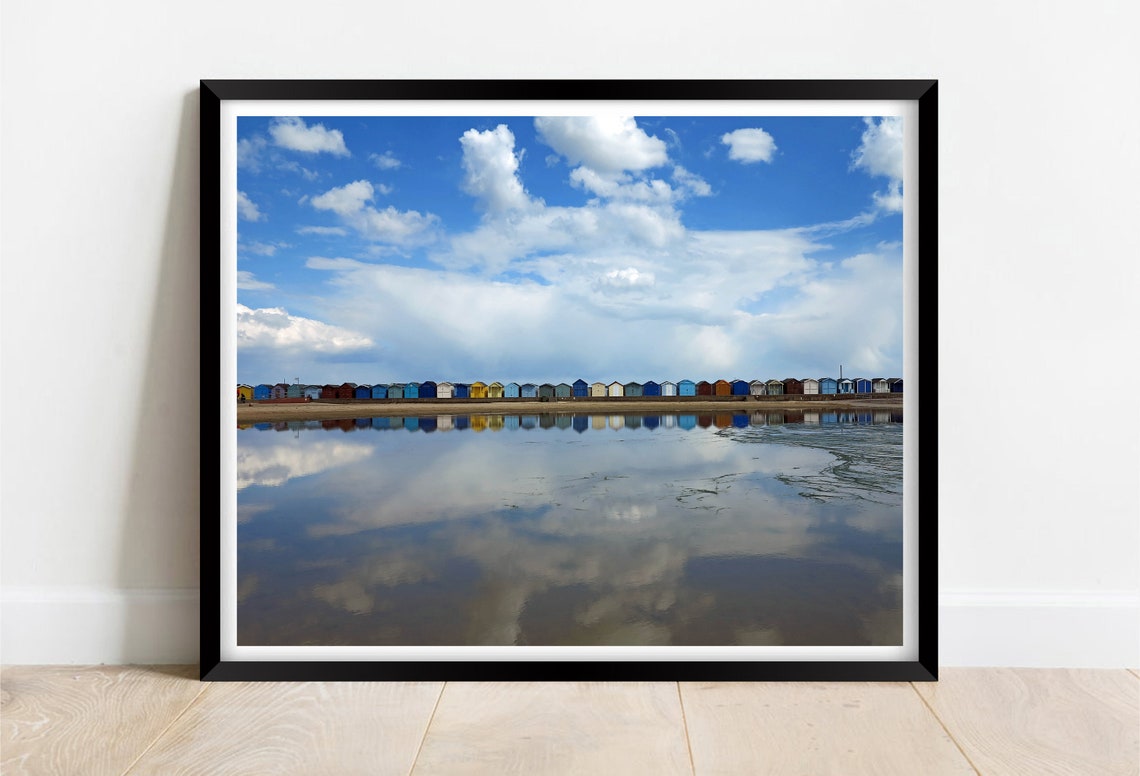 Brightlingsea Beach Huts Colorful Row Mirror Wet Sand Poster