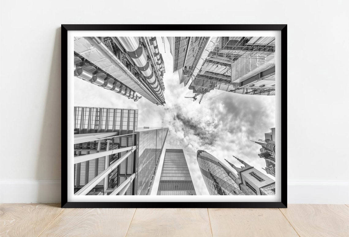 London City Skyline Look Up Black And White Modern Architecture Poster