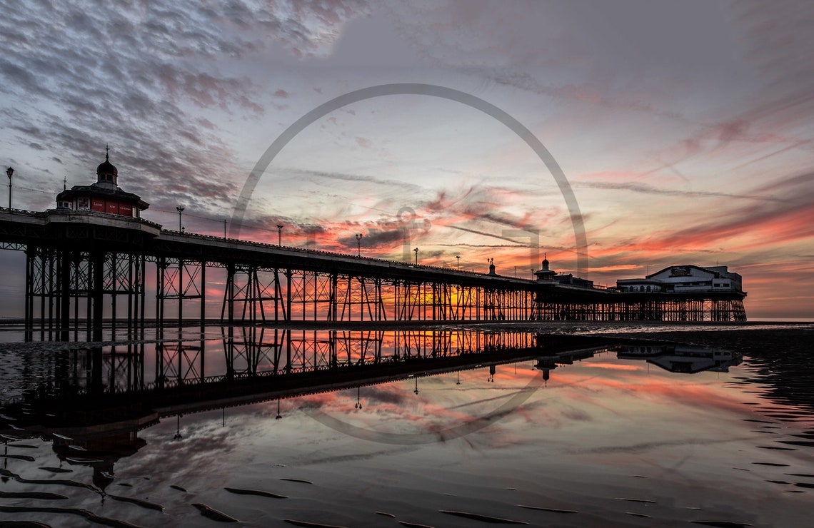 Blackpool Beach North Pier Sunset Reflection Silhouette Poster - Image 3