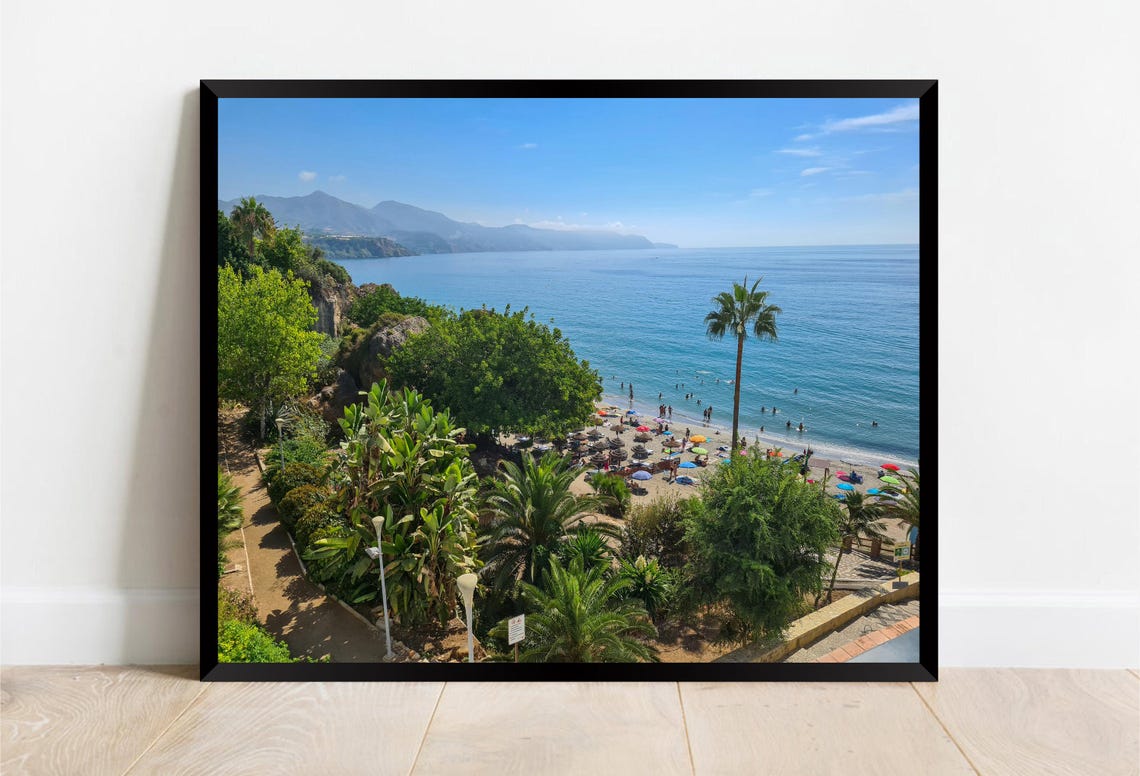 Lush Cove Beach Colorful Umbrellas Palms Clear Blue Sea Poster - Image 2