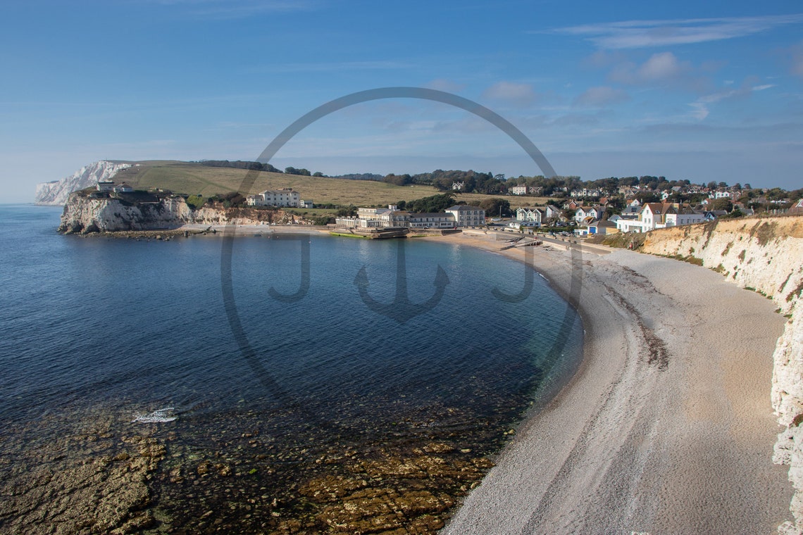 Freshwater Bay Isle Of Wight Chalk Cliffs Curved Beach Village Poster - Image 3