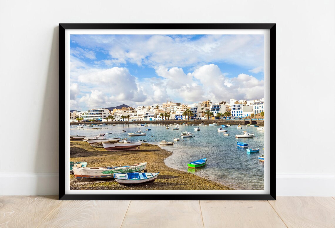 Colorful Fishing Boats in Harbor Old Town Waterfront Day Poster