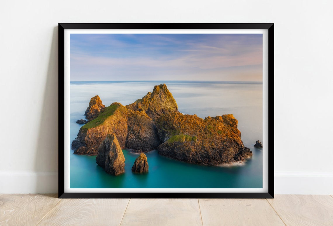 Kynance Cove Cornwall Golden Sea Stacks In Calm Sea At Sunset Poster