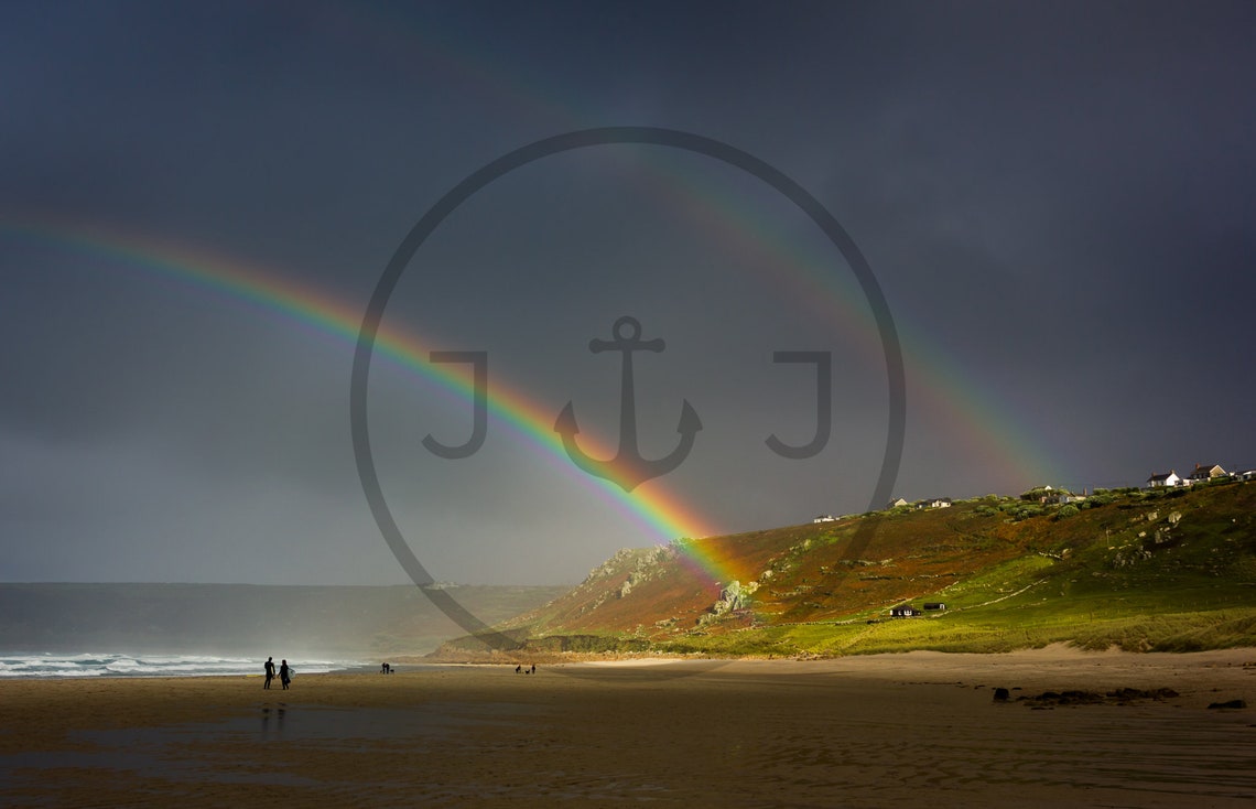 Rainbows Over Sennen Beach Cornwall Double Rainbow Sky Poster - Image 3
