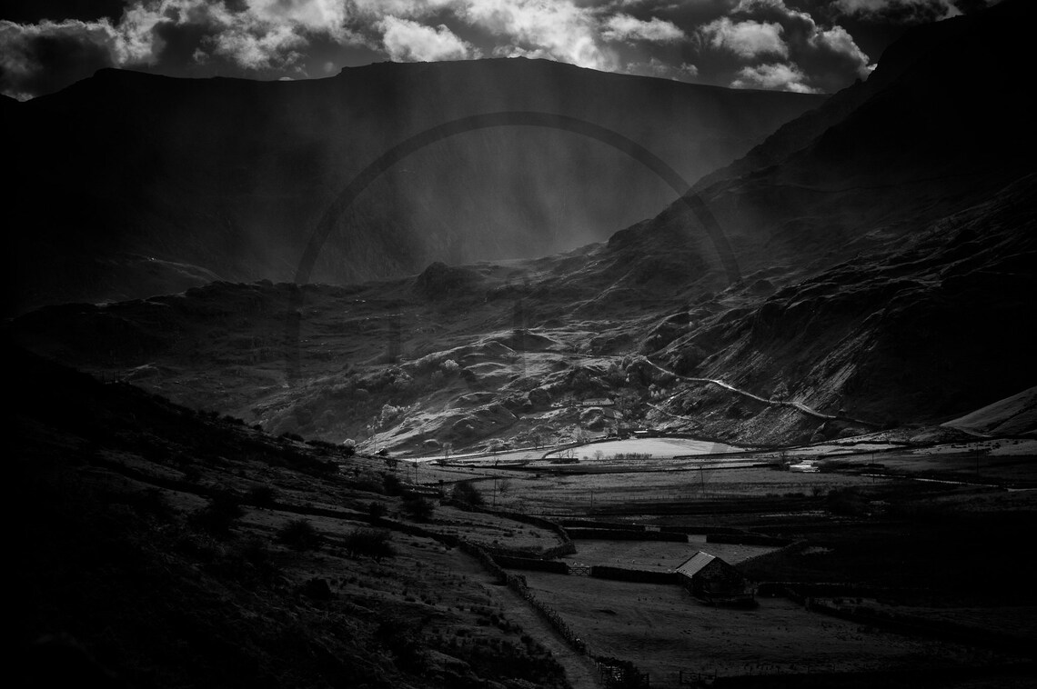 Snowdonia Eryri Rain Valley Black And White Mountain Storm Poster - Image 3