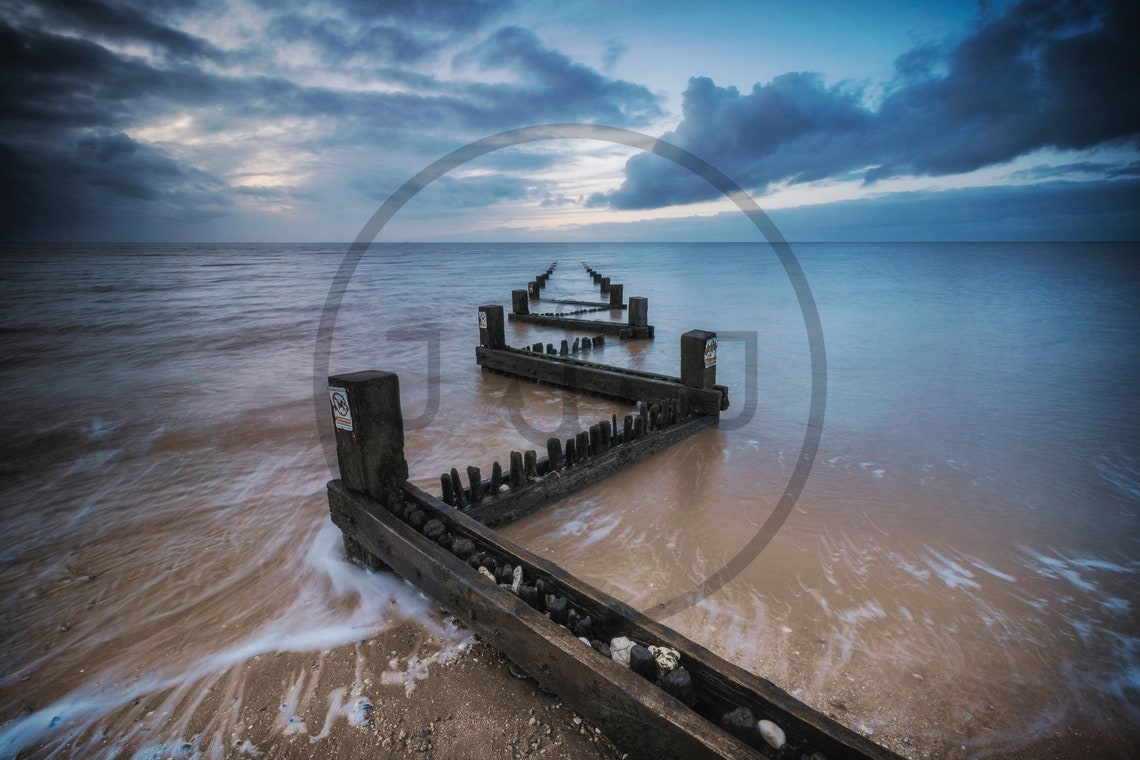 Hunstanton Beach Norfolk Wooden Groynes Moody Dusk Seascape Poster - Image 3