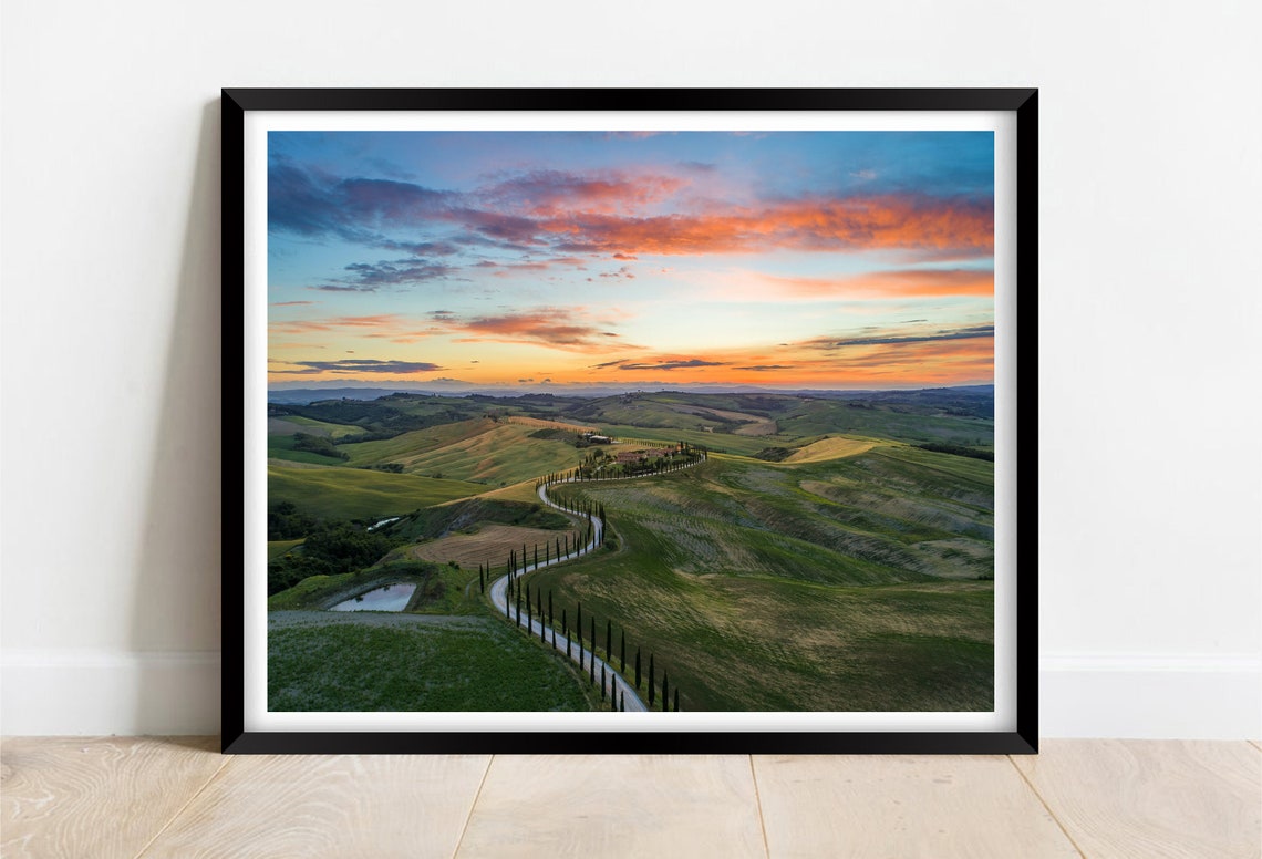 Tuscany Italy Cypress Road Rolling Green Hills Sunset Poster