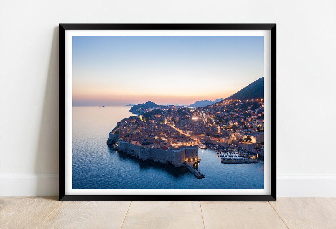 Dubrovnik Croatia Sunset Aerial Old Town Walls and Sea Poster