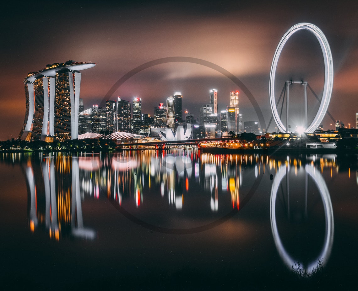 Singapore Marina Bay Night Skyline with Flyer Reflections Poster - Image 3