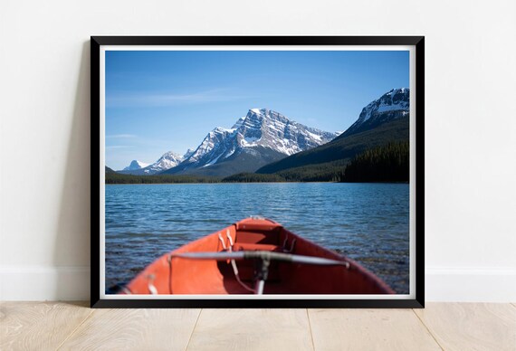 Red Canoe on Mountain Lake Snowy Peaks Adventure Trip Poster