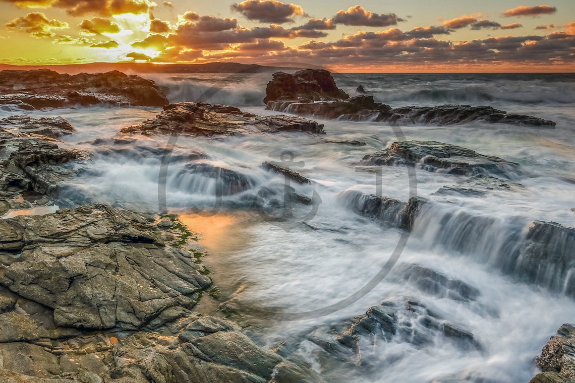 Gwithian Coast Cornwall Sunset Waves Rocky Shore Golden Poster - Image 3