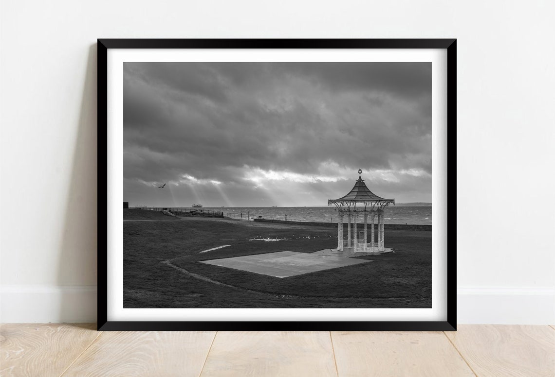 Southsea Bandstand Black And White Dramatic Sky Seascape Poster