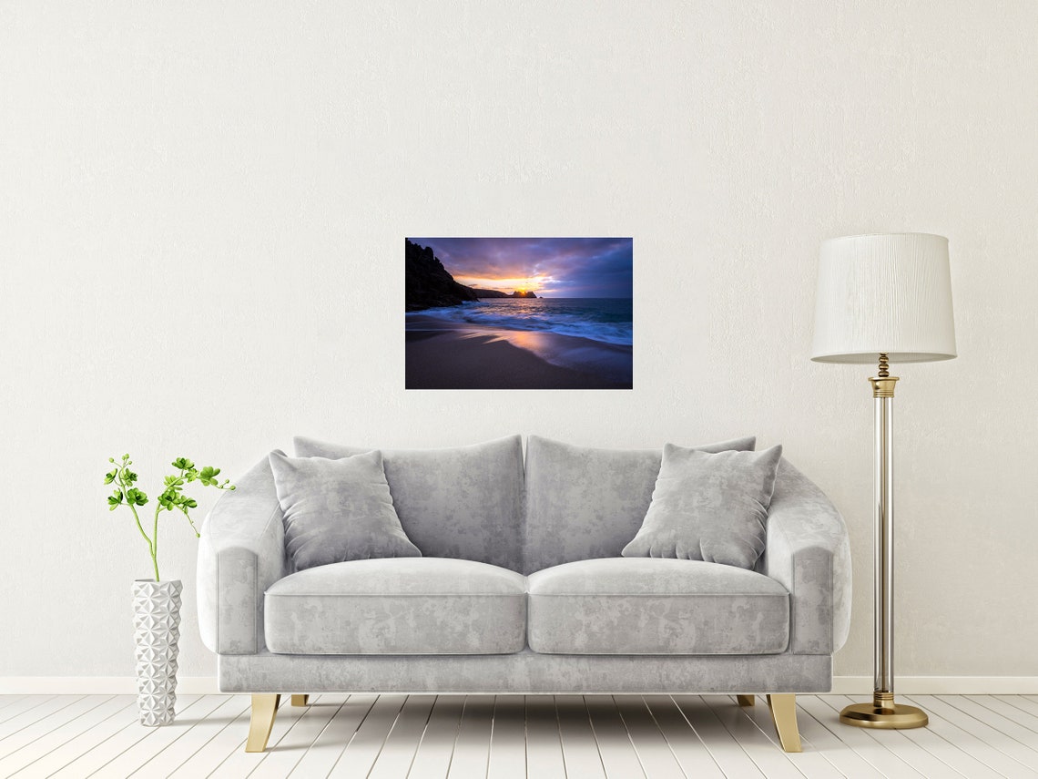 Porthcurno Beach Sunset Waves Silhouetted Cliffs Purple Sky Poster - Image 2