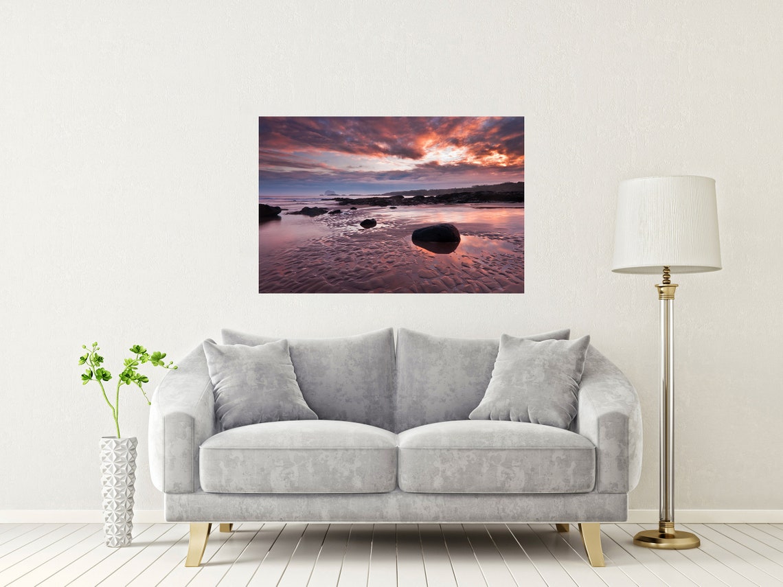 Crimson Sunset Over Wet Sand and Rocks with Reflections Poster - Image 2