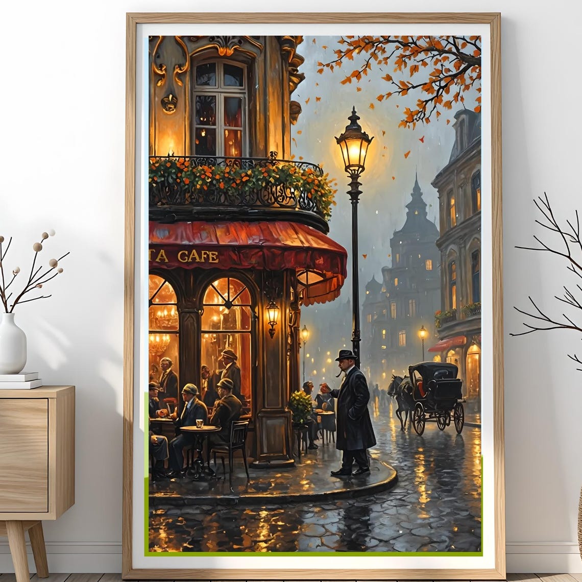 Vintage Paris Cafe Corner Rainy Autumn Evening Oil Painting Poster