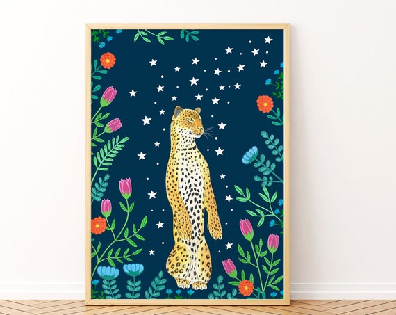 Night Leopard Art Print, Starry Sky Jungle