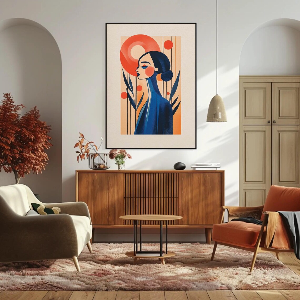 Mid Century Woman Profile with Orange Sun Circle Modern Art Print - Image 2