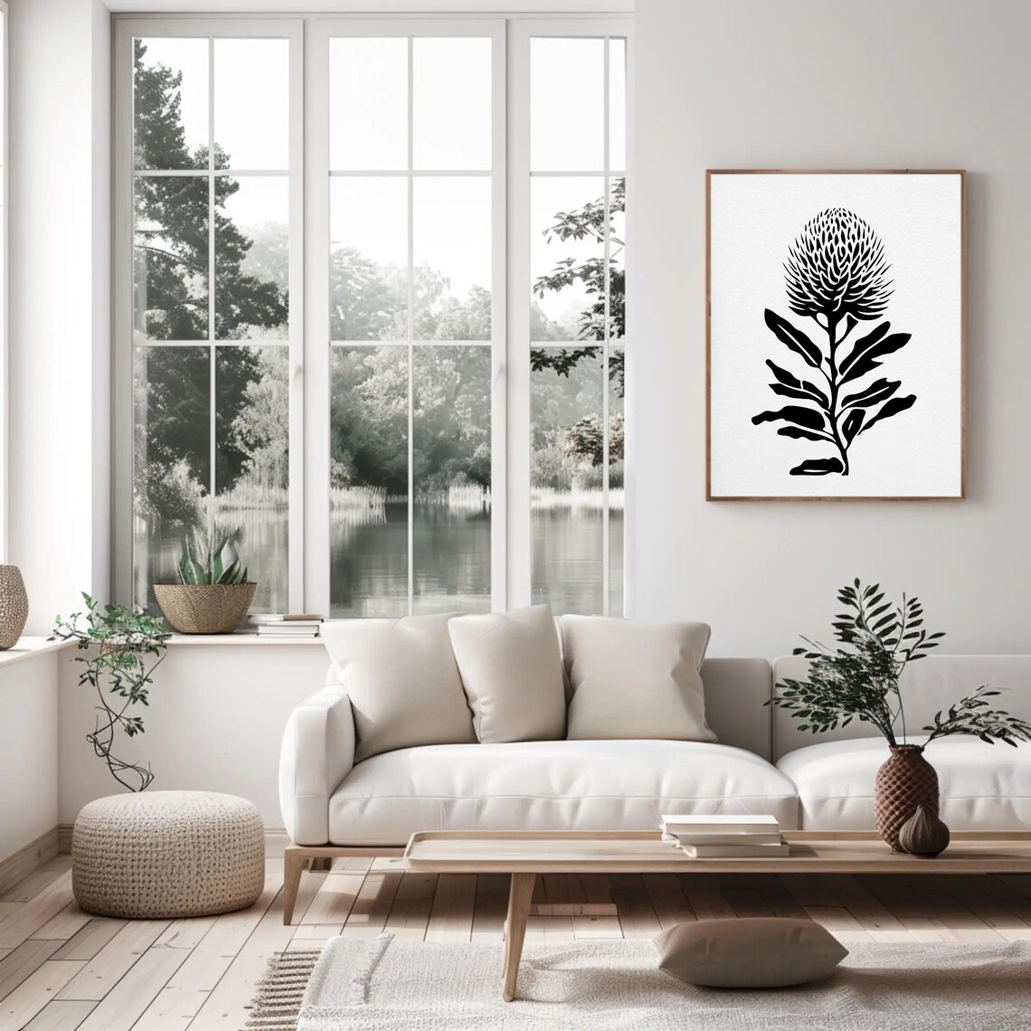 Black and White Banksia Flower Botanical Linocut Style Poster - Image 4