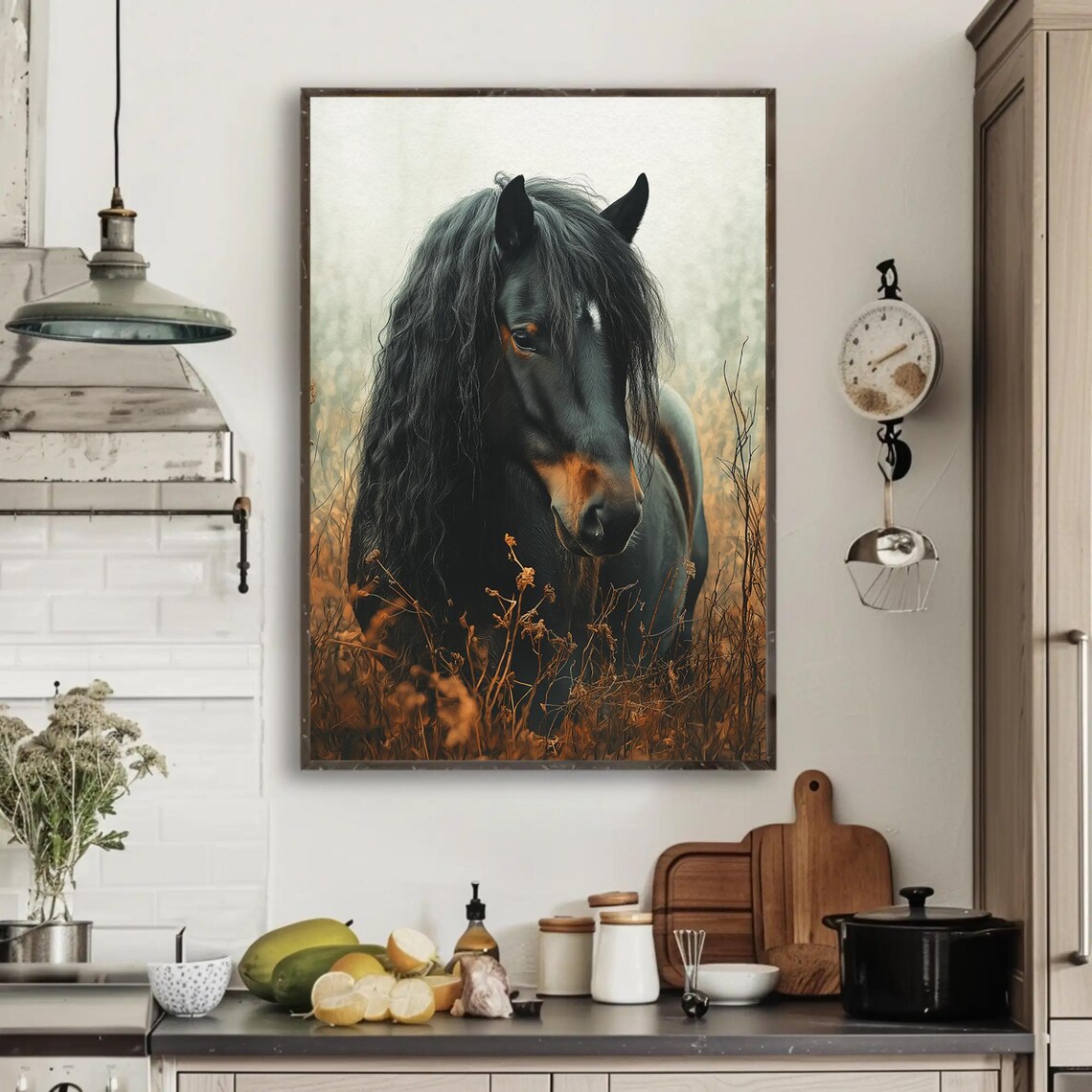 Black Horse Portrait in Golden Wheat Field Realistic Art Poster