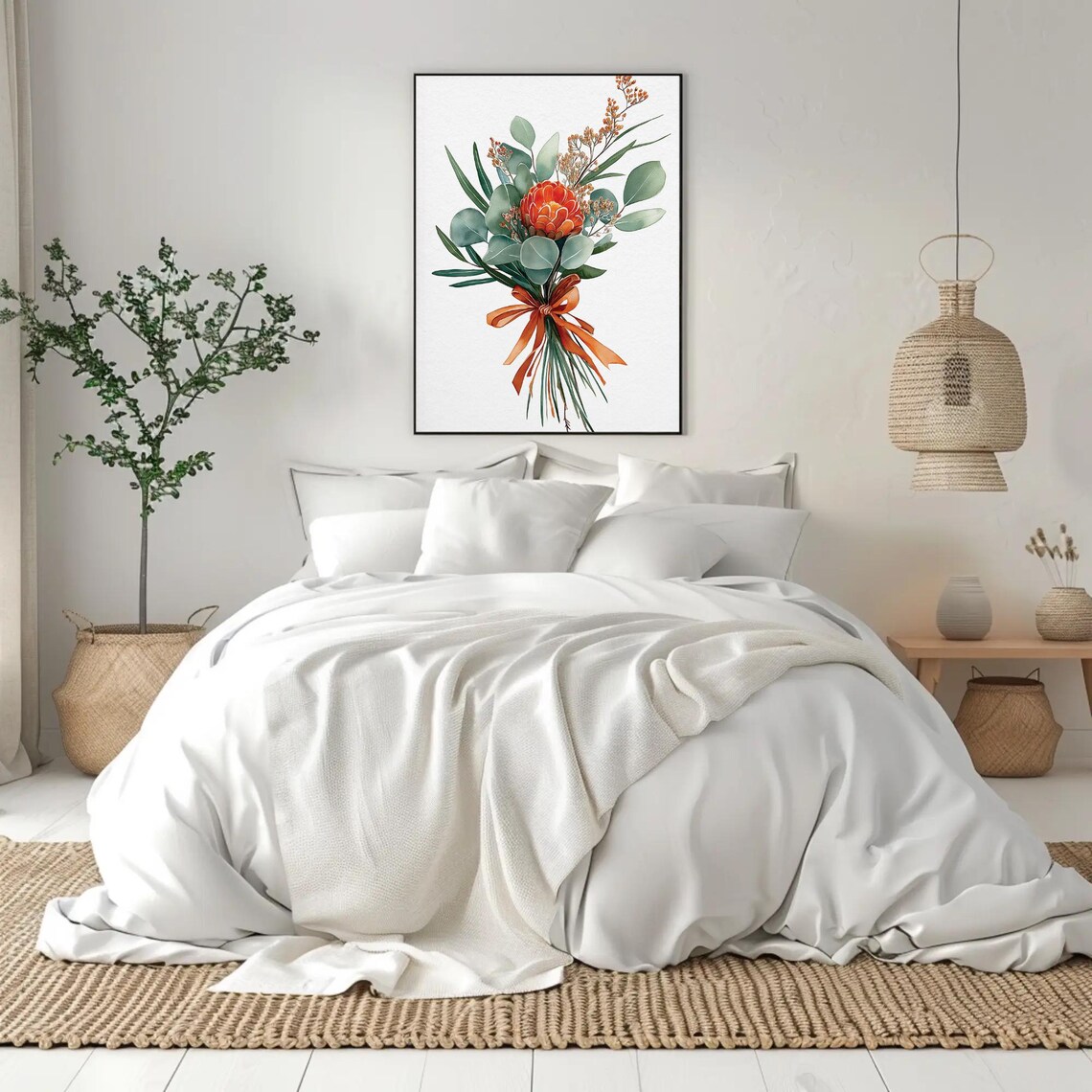 Waratah and Eucalyptus Bouquet with Orange Ribbon Watercolor Poster
