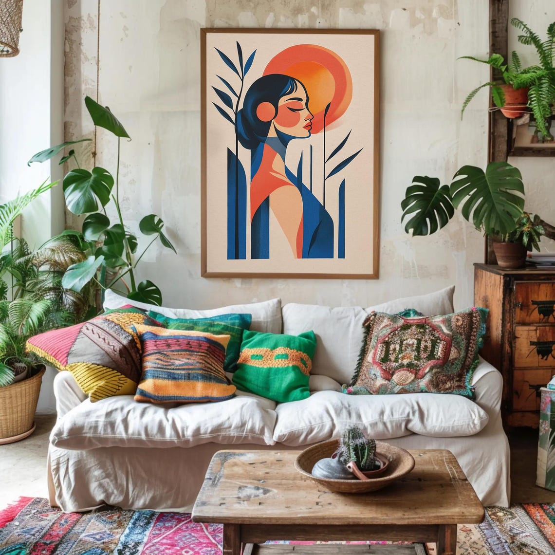 Mid Century Woman with Orange Sun and Blue Leaves Elegant Poster