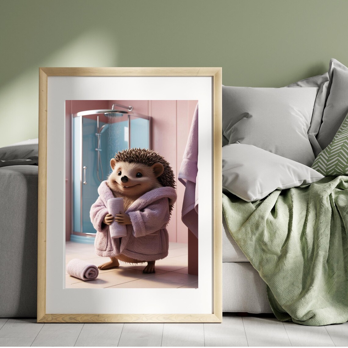 Cheerful Hedgehog In Lavender Bathrobe Holding Towel By Shower Poster - Image 2
