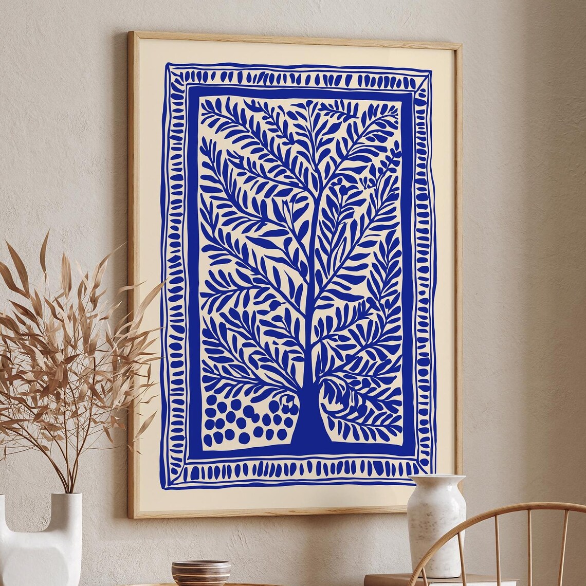 Blue Tree Of Life Botanical Linocut Style Poster With Border