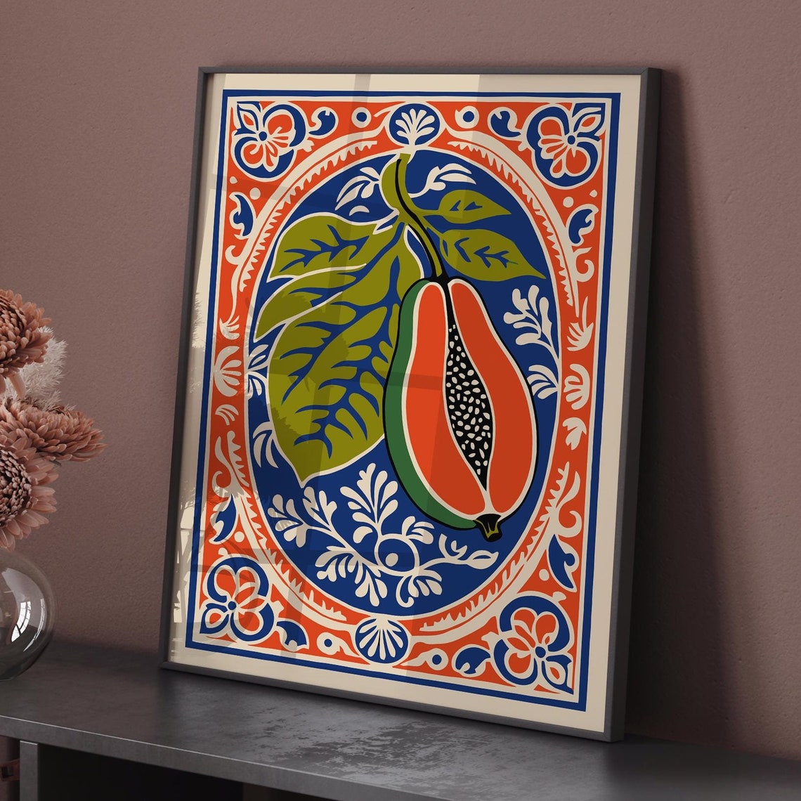 Papaya Mexican Folk Art Vibrant Tropical Fruit Kitchen Print