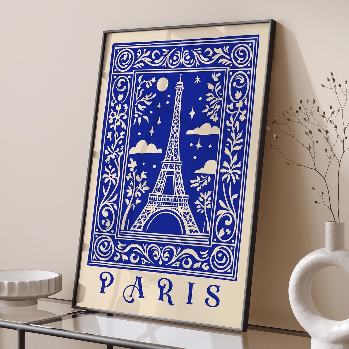 Paris Eiffel Tower Moonlit Indigo Ink Vintage Style Travel Poster - Image 5